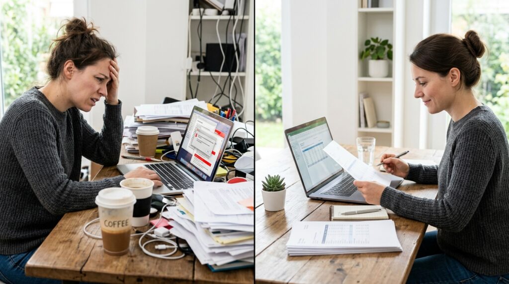 左は書類が散らかり焦って作業する女性、右は整理された机で落ち着いて確認する同じ女性の対比イメージ。