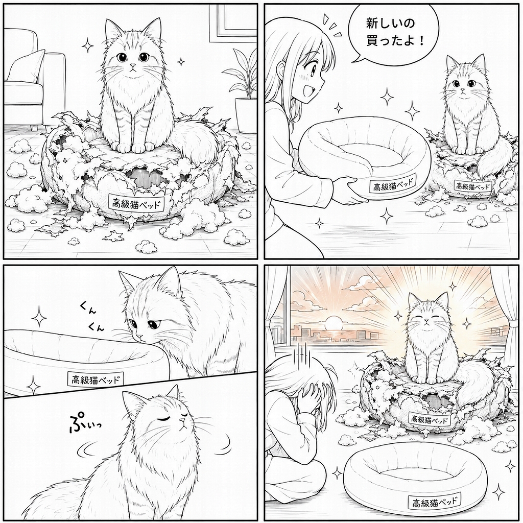 ボロボロに壊れた高級猫ベッドに満足げに座る長毛猫。飼い主が新品の高級猫ベッドを差し出すが、猫は少し匂いを嗅いだあと興味なさそうにそっぽを向き、最後は再び古いベッドに堂々と座っている4コマ漫画。