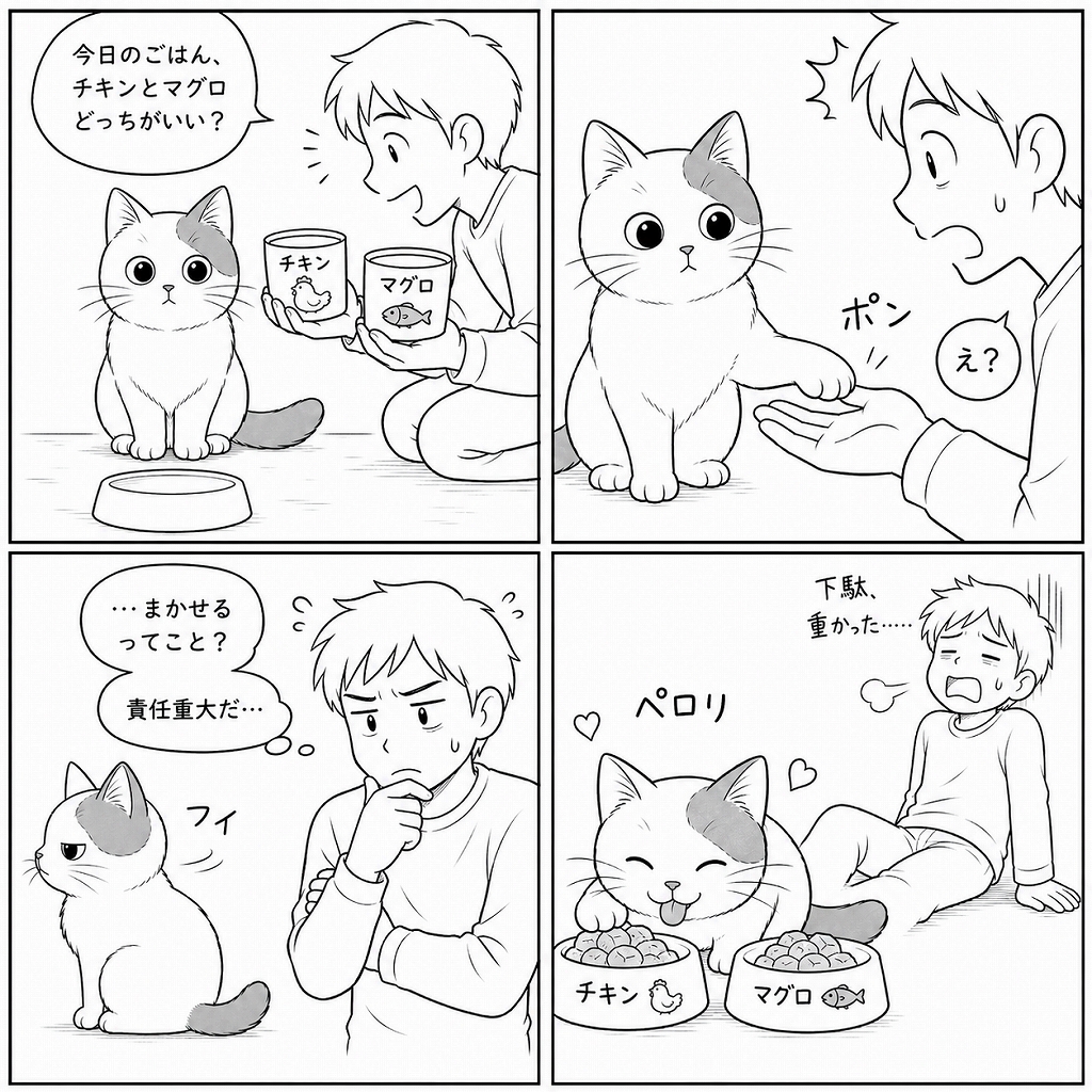 「下駄を預ける」をテーマにした白黒のAI4コマ漫画。白猫が、ごはんの「チキン」と「マグロ」を前に飼い主へ前足を置き、選択を委ねる。飼い主は真剣に悩み、最後は両方のごはんを用意。白猫は満足そうに食べ、飼い主は床に座り込んで疲れ切っている。
