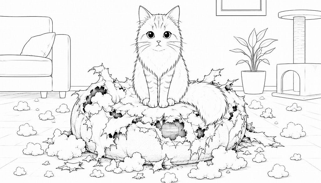 ボロボロに破れた高級猫ベッドの中央に、長毛猫が真顔で堂々と座っているモノクロAIイラスト。床には綿が大量に散らばり、背景にはソファやキャットタワーが見える。
