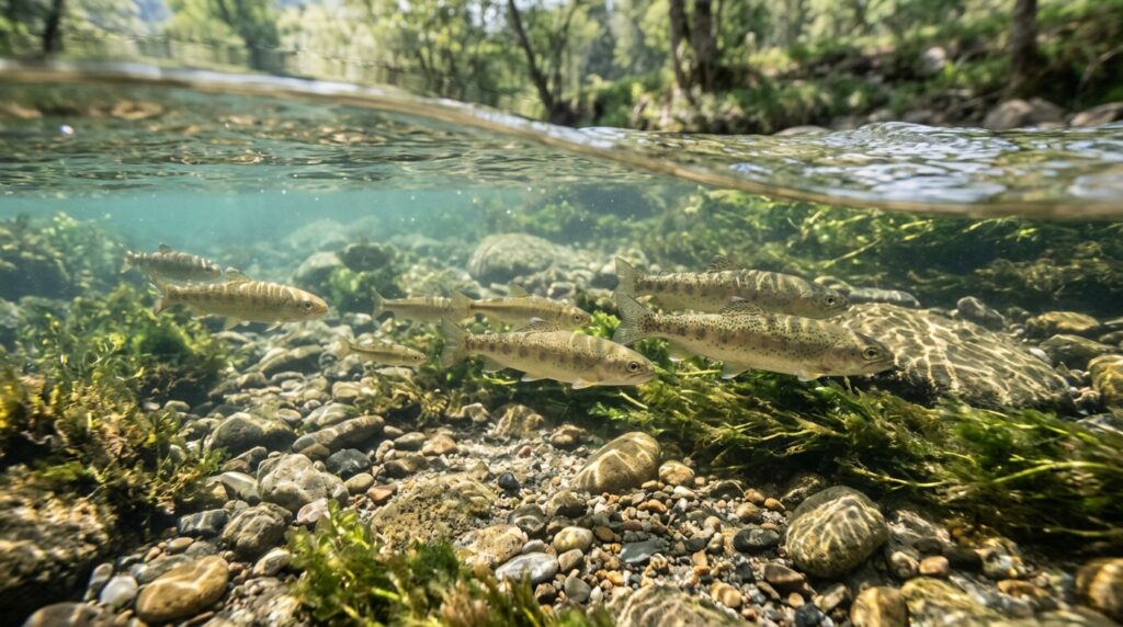 澄んだ浅い川の中で、複数の魚が穏やかに群れながら泳いでいる様子