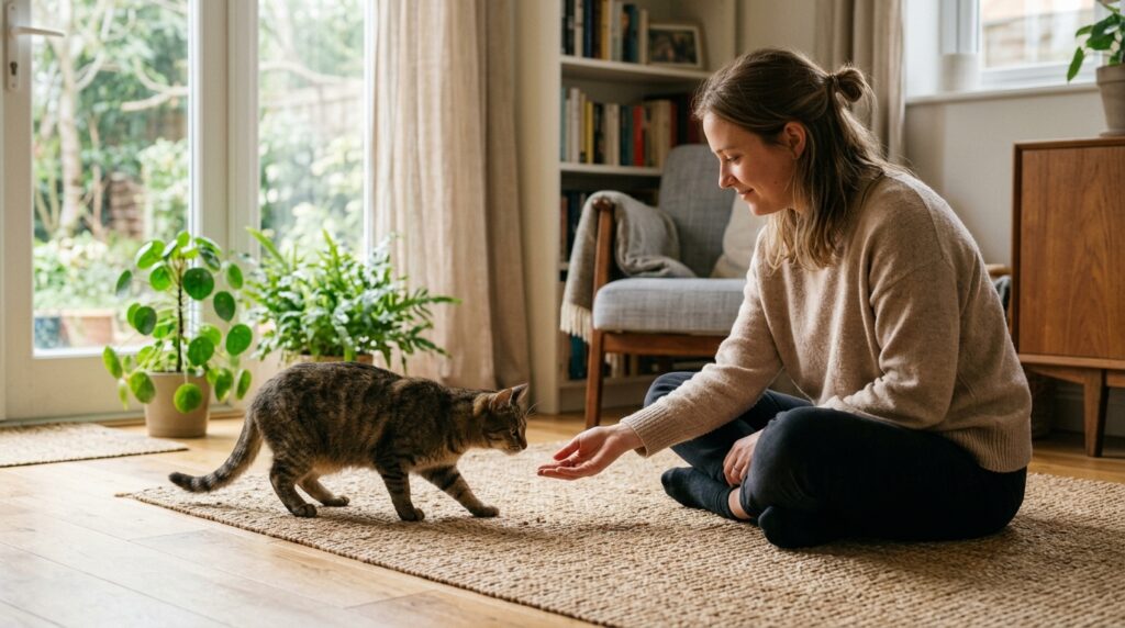 室内で座る人物がそっと手を差し出し、猫が警戒を解きながら近づいている様子