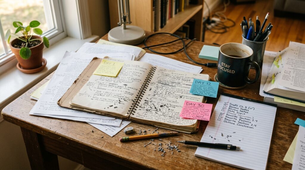 書き直しの多いノートや付箋、消しゴムのカスが散らばった机の上。日々の努力と試行錯誤の積み重ねを感じる勉強風景