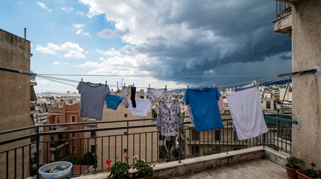 ベランダに干された洗濯物と、迫ってくる黒い雨雲の空