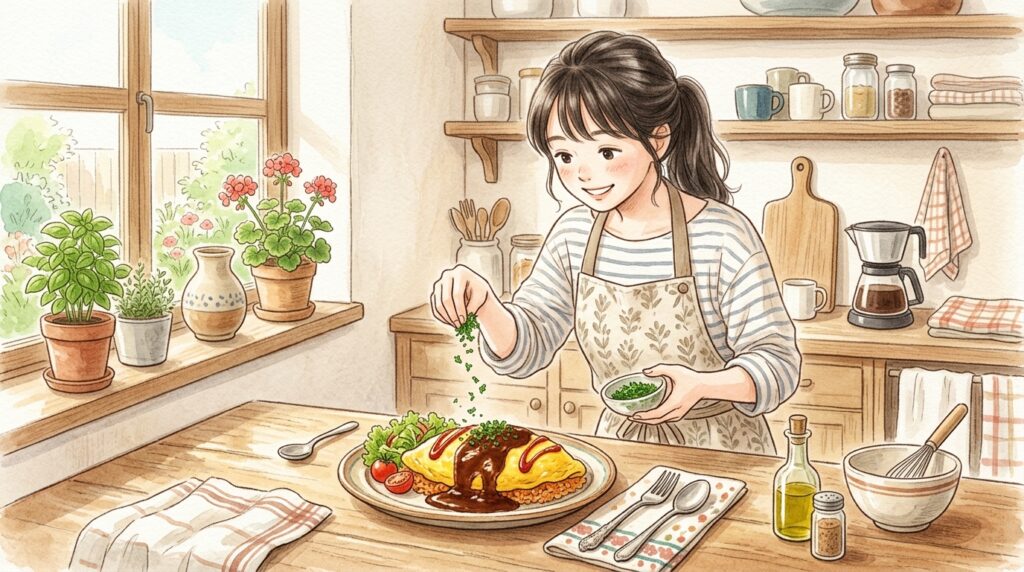 画竜点睛
キッチンでオムライスにハーブを振りかけて仕上げている様子。最後のひと手で料理の見た目が引き締まっている。