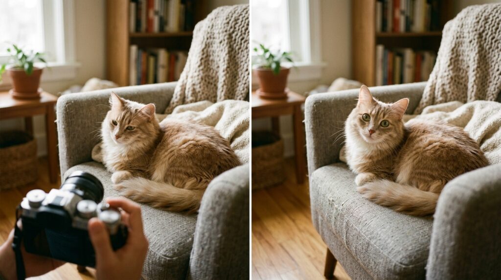 画竜点睛
椅子の上の猫を撮影する場面。左は眠そうに視線を外しているが、右はカメラ目線になり表情が引き締まっている比較構図。