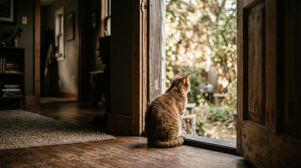 開いたドアの前に座り、外の光を静かに見つめる猫の後ろ姿