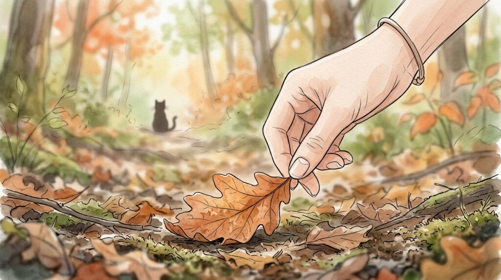 落ち葉が広がる地面で、一枚の葉をそっと拾い上げる手元。奥にはぼんやりと猫の姿が見える静かな秋の風景。