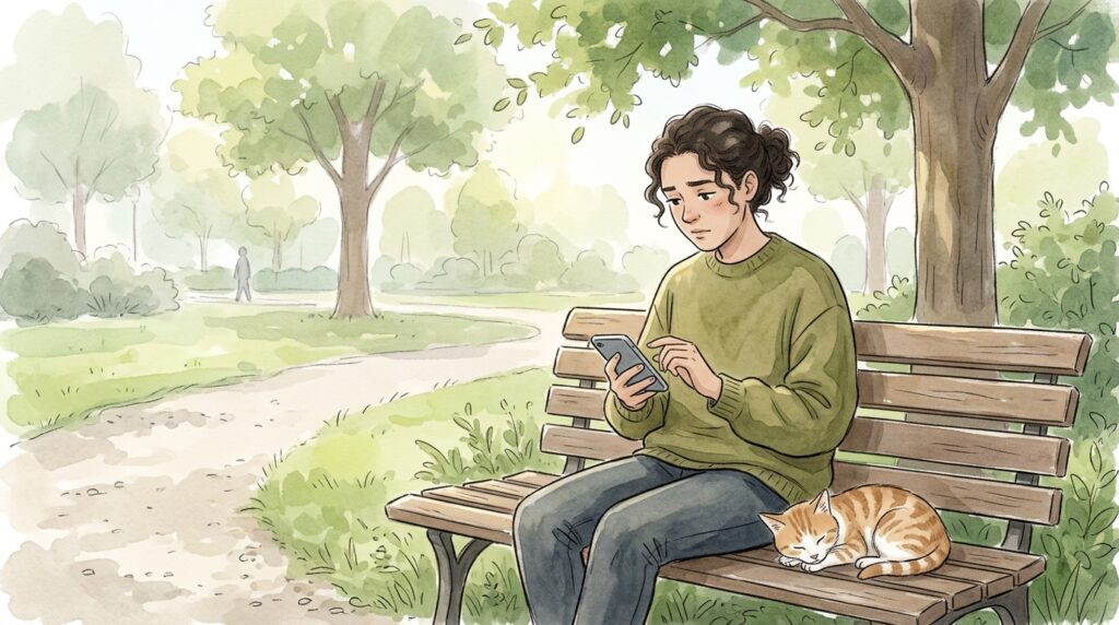 公園のベンチに座りスマートフォンを見つめる人物の横で、猫が静かに眠っている穏やかな日常の一場面。