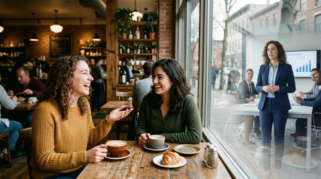 カフェで楽しそうに会話する女性たちと、将来の姿を重ねたイメージ