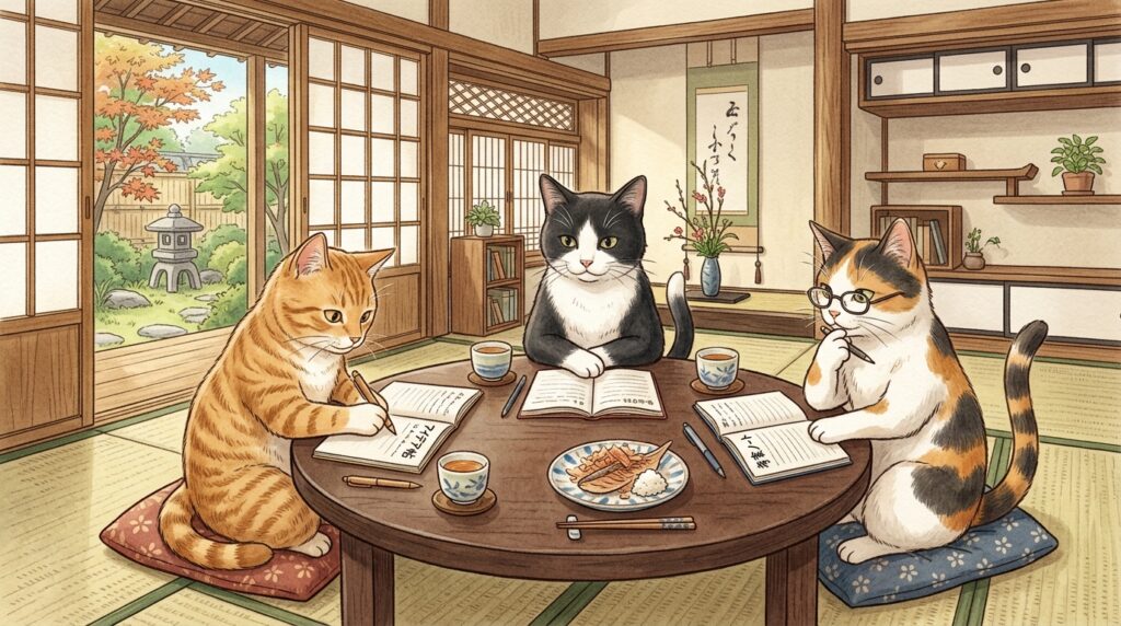和室で3匹の猫がテーブルを囲み、ノートを取りながら考え込んでいる様子。中央には料理が置かれ、それぞれが異なる視点でアイデアを出し合っている。