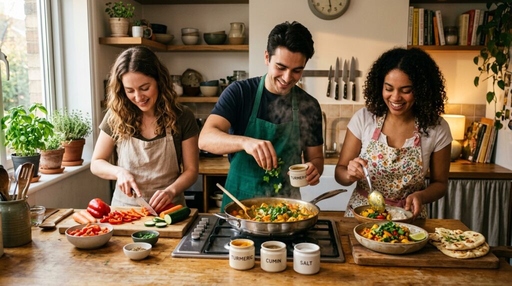 キッチンで3人が料理を分担して作業している様子。一人が食材を切り、一人が調理し、一人が盛り付けを行い、協力して一つの料理を完成させている。