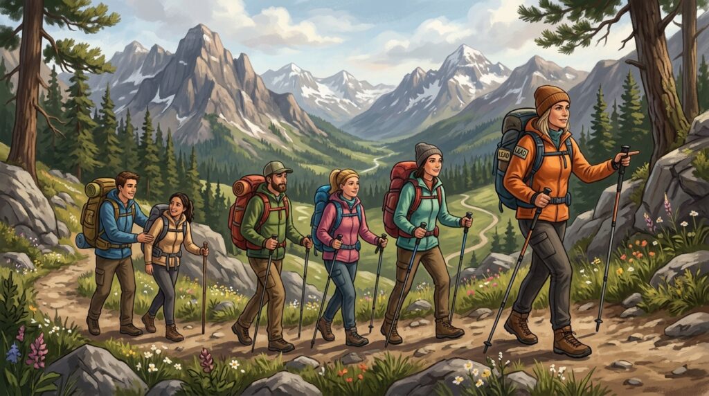 登山グループの先頭を歩くリーダーと後方で続くメンバーを描いた協力関係を表すイラスト