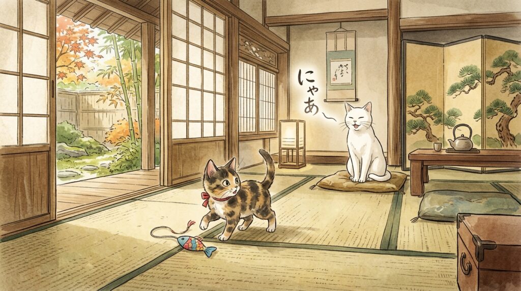 和室で遊んでいた子猫が、奥に座る白猫の鳴き声に反応して振り向き、動きを止める様子