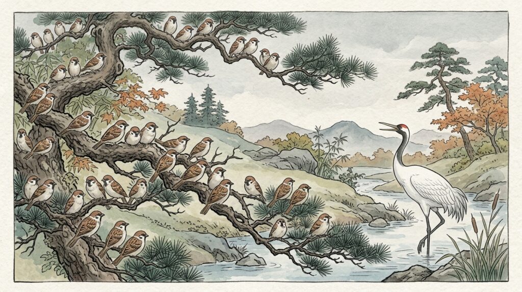 木に集まる多くの雀と、水辺で静かに立つ鶴が対比され、鶴の存在感が際立つ風景