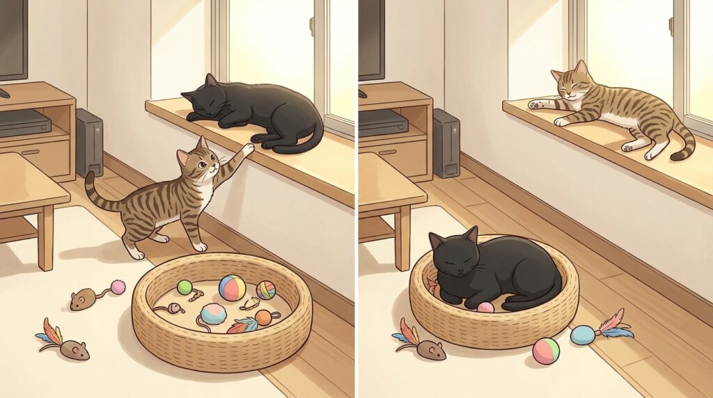 窓辺で休む黒猫を、おもちゃを集めたベッドへ誘うキジトラ。黒猫がベッドへ移ると、空いた窓辺でキジトラが満足そうにくつろいでいる。