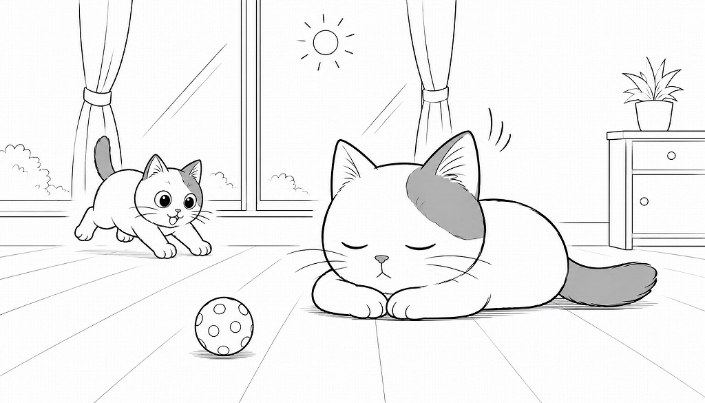 白黒線画のリビングで、窓辺に寝そべる白い猫の前に小さなボールが転がり、奥から子猫が遊びながら近づいている。猫は目を閉じたまま穏やかに眠っている。