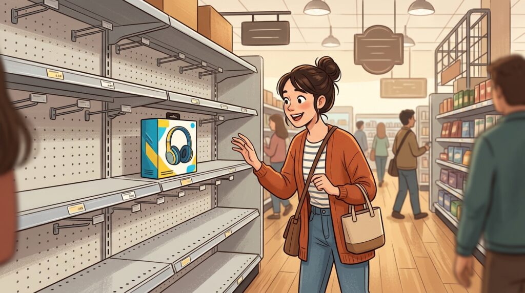 ほとんど商品がなくなった店の棚で、最後に残った一つの商品を見つけて喜ぶ女性のイラスト