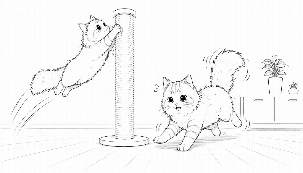 爪とぎポールに向かってジャンプする猫と、着地して走り出す猫が同時に描かれたイラスト。動きの流れを表現した構図。