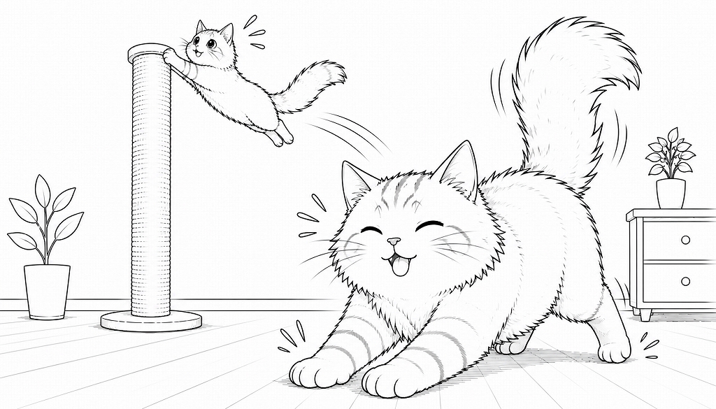 奥でジャンプする猫と、手前で大喜びしながら着地する猫が描かれたイラスト。記憶と現在を重ねたような表現になっている。
