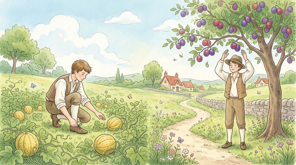 瓜畑でしゃがんで靴を直す男性と、すももの木の下で帽子を直す男性を描いた欧風の童話風イラスト