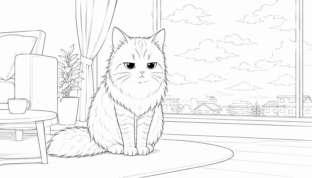 窓辺で不機嫌そうに座る長毛の猫。床近くまである大きな窓の外に、戸建て住宅の街並みが広がる線画イラスト。