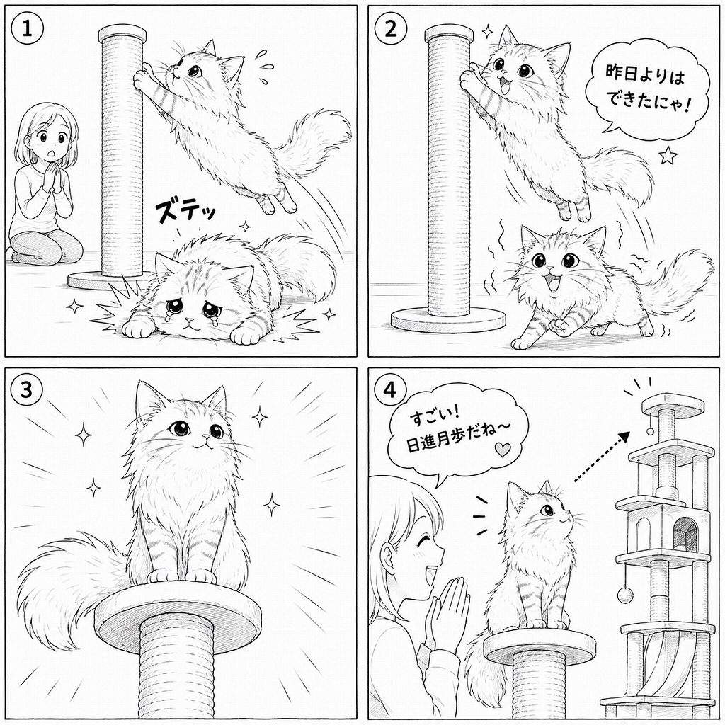 爪とぎポールに挑戦する猫の4コマ漫画。1コマ目でジャンプに失敗して落ち込むが、2コマ目で少し高く跳べるようになり、3コマ目で頂上に到達。4コマ目では飼い主に褒められながら、さらに高いキャットタワーを見つめている。