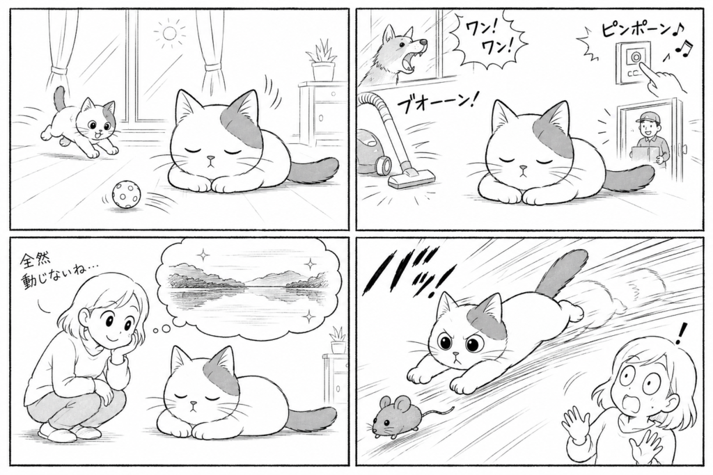 AI4コマ漫画『明鏡止水』の絵コンテ風ラフ。窓辺で眠る白ねの前にボールが転がり、犬の鳴き声や掃除機、玄関チャイムにも動じない様子が描かれている。3コマ目では飼い主が感心し、白猫の心情として静かな湖面が浮かぶ。最後のコマでは、ネズミのおもちゃに反応して白猫が勢いよく飛び出している。