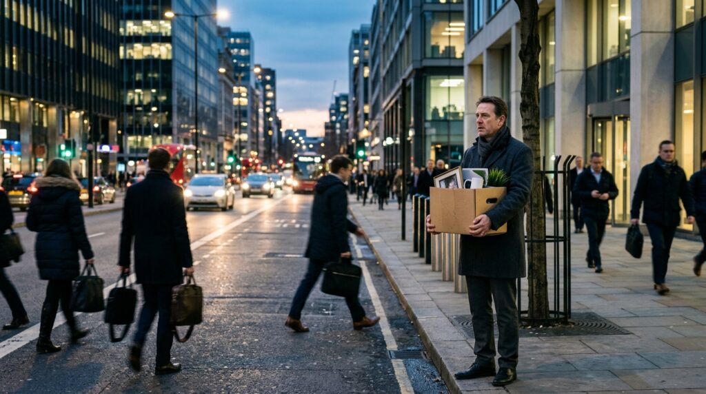 夕方のオフィス街で、職場の私物が入った段ボール箱を抱え、行き交う人々の中に立つ男性