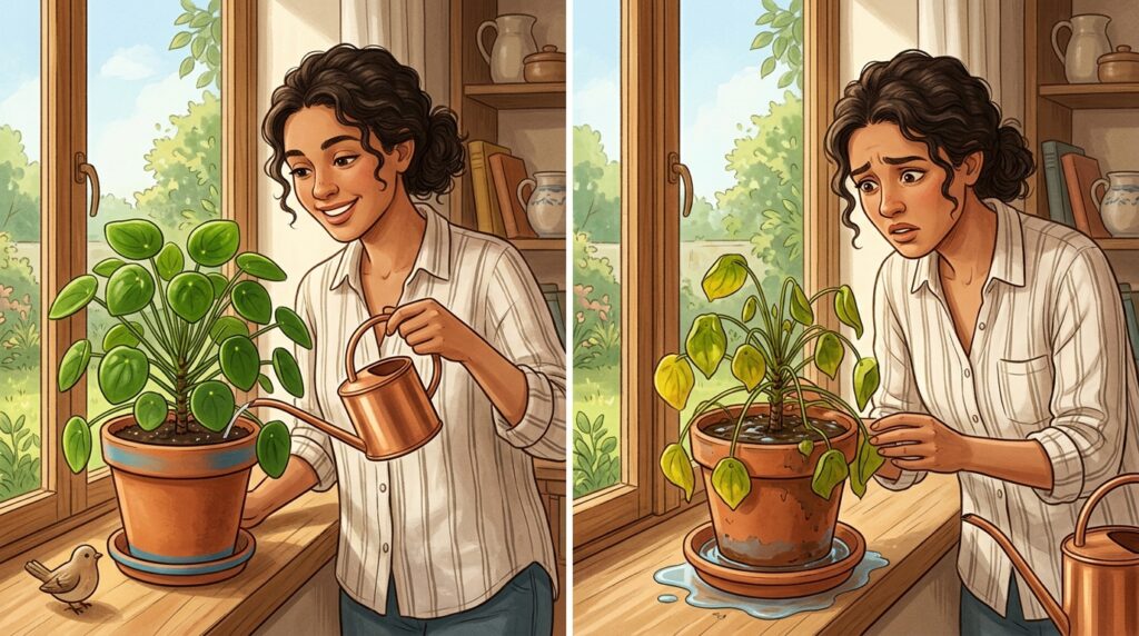適量の水で元気に育つ観葉植物と、水を与えすぎて葉が黄色くしおれた同じ植物を左右に比較したイラスト