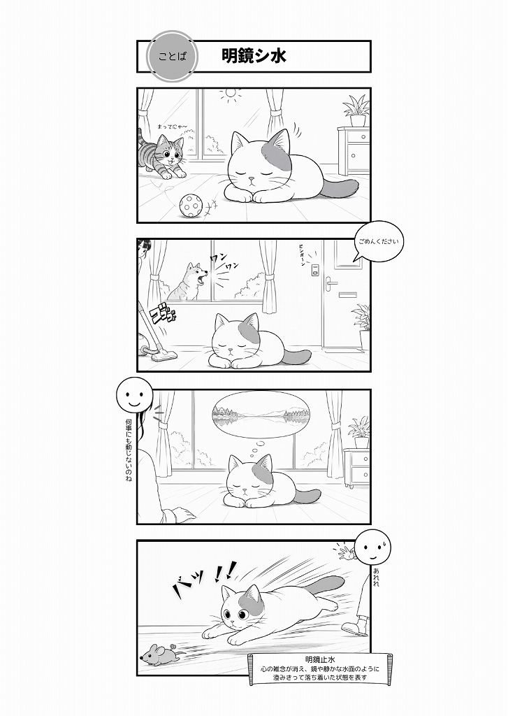 AI4コマ漫画｜『明鏡シ水』（四文字熟語 × たーさん）
静かな心を保つたーさんが、ネズミのおもちゃには一瞬で反応するAI4コマ漫画です。