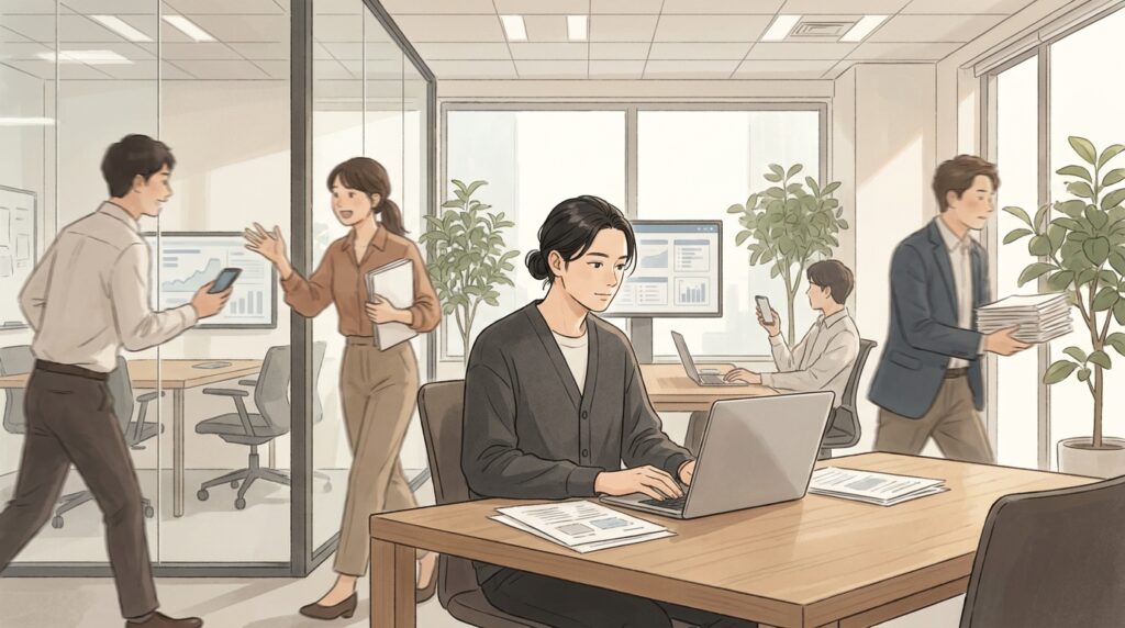 慌ただしく人が行き交うオフィスで、落ち着いてパソコンに向かう女性