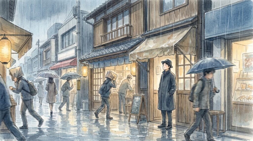 強い雨の中を急ぐ人々と、軒下で落ち着いて雨を眺める男性