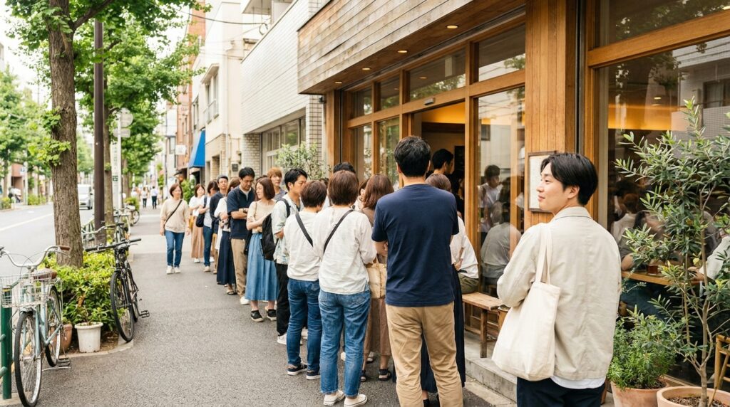 人気店の前から歩道に沿って長い行列が続き、多くの人が入店を待っている様子
