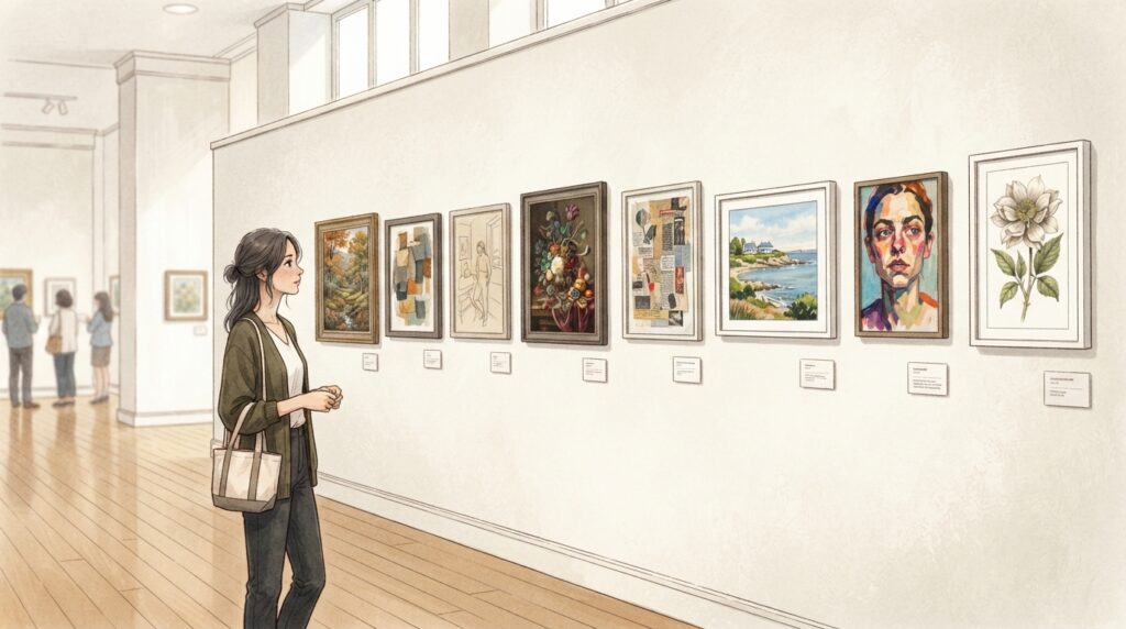 さまざまな作風や完成度の絵画が並ぶ展示会で、複数の作品を見比べる女性