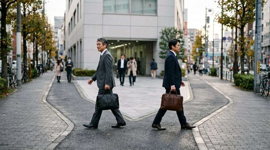 オフィスビルの前で、鞄を持った二人のビジネスパーソンが左右それぞれ異なる方向へ歩いていく様子。
