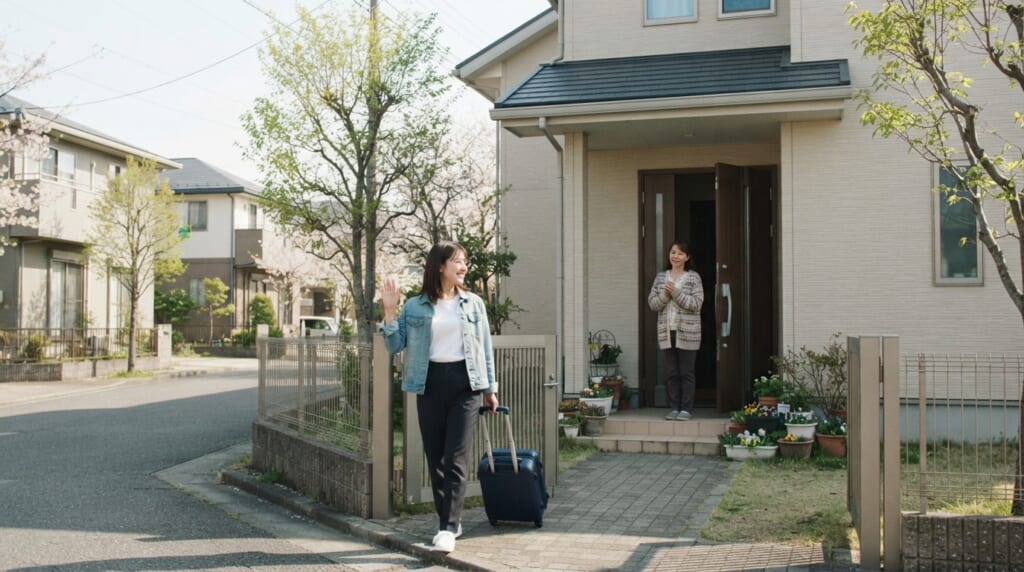 キャリーケースを引いて自宅を出る娘が、玄関で見送る母親に笑顔で手を振る様子