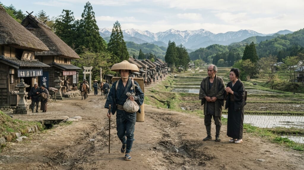 旅装束の若者が街道を歩き出し、後ろに残った両親が心配そうに見送る昔の旅立ちの様子