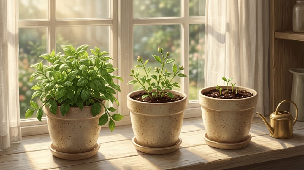 明るい窓辺に3つの陶器の鉢植えが並び、葉が茂った植物、つぼみをつけた植物、小さな芽が伸び始めた植物が描かれたイラスト。