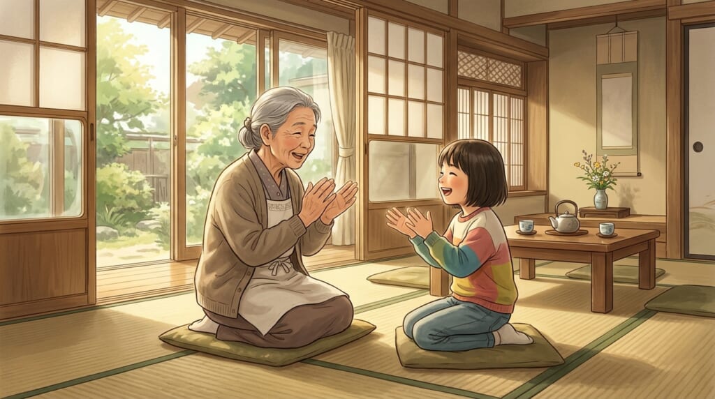 日差しの入る和室で、祖母と孫が向かい合い、笑顔で手拍子をしながら言葉遊びを楽しんでいるイラスト。