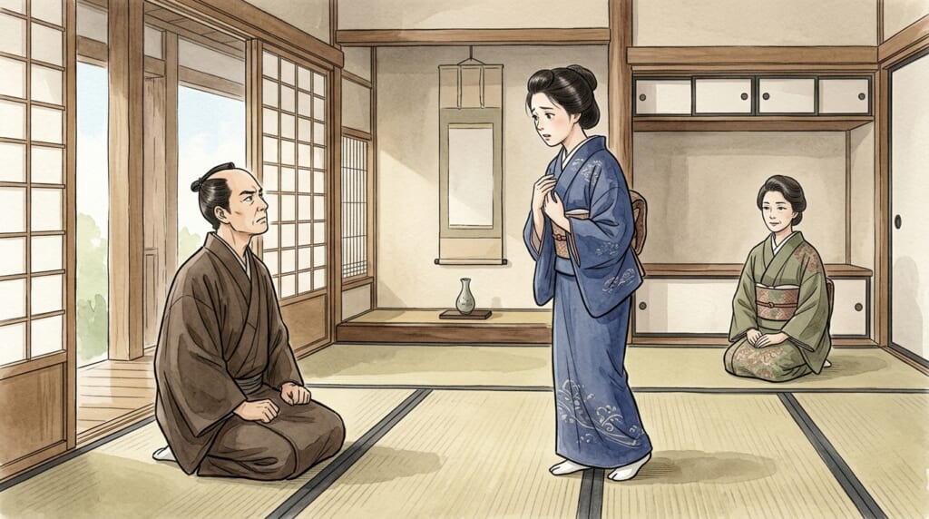 昔の日本家屋の座敷で、厳しい表情の父親に問い詰められる藍色の着物の娘と、その様子を後ろから静かに見守る継母を描いた水彩イラスト